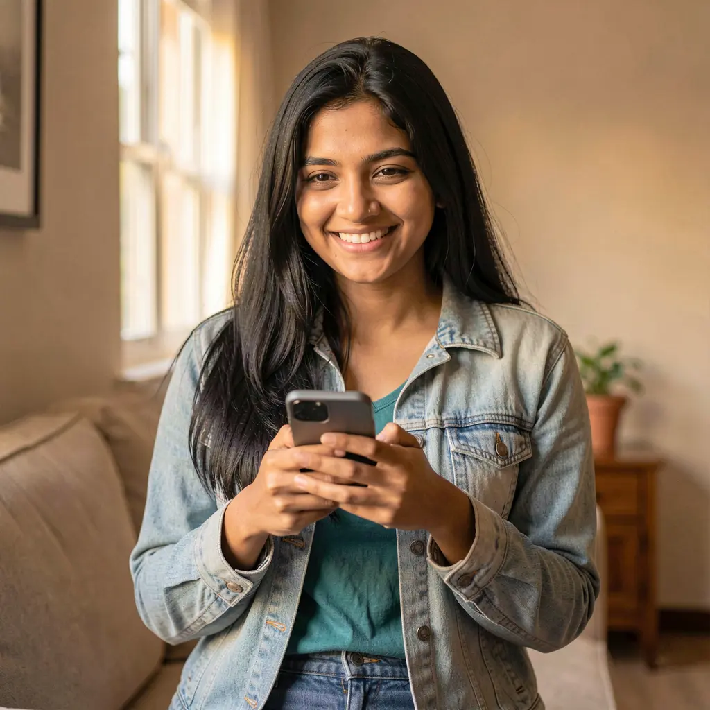 Smiling Bangladeshi woman holding her phone while using the 32OK casino app in a warm indoor setting