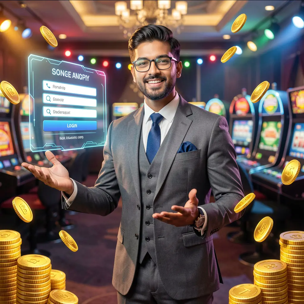 Confident Bangladeshi casino professional welcoming players in front of a secure 32OK login interface with golden coins and casino lights
