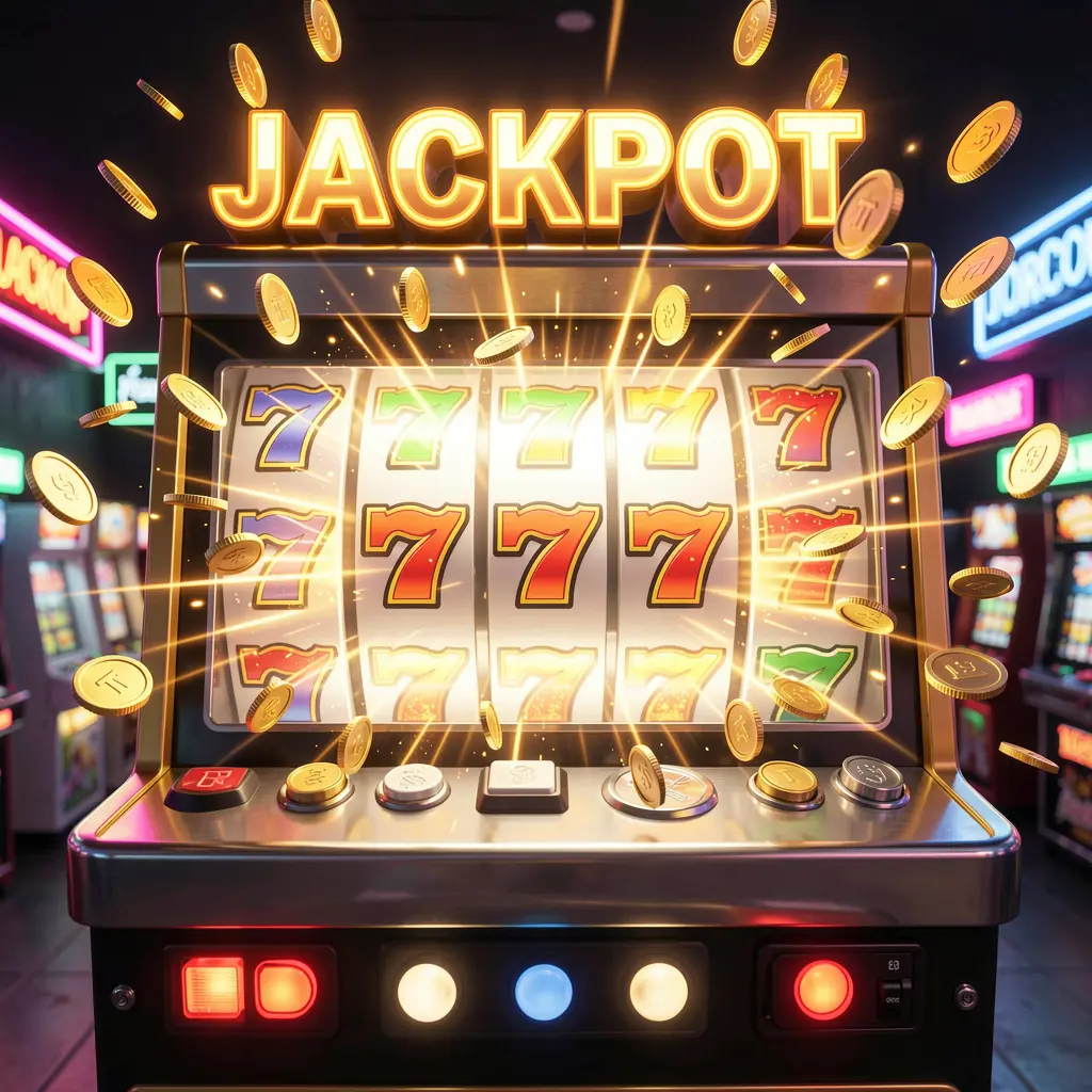 A classic slot machine showing triple sevens with flying gold coins symbolizing jackpot wins and premium slot entertainment at 32OK casino in Bangladesh